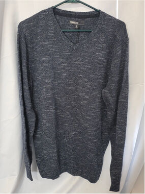 Men's Commerce V-Neck Sweater Size M Blue White Marled Knit trendy cozy fall